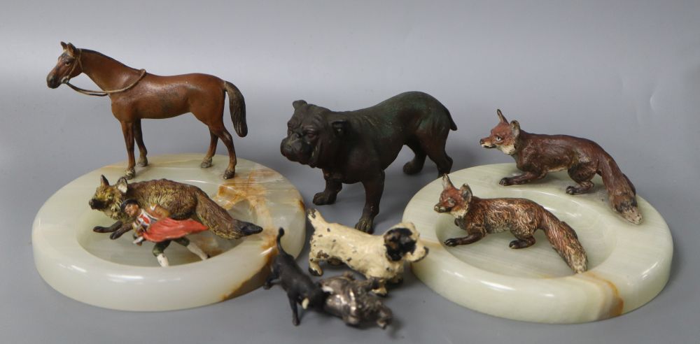 A collection of cold painted bronzes including two ashtrays